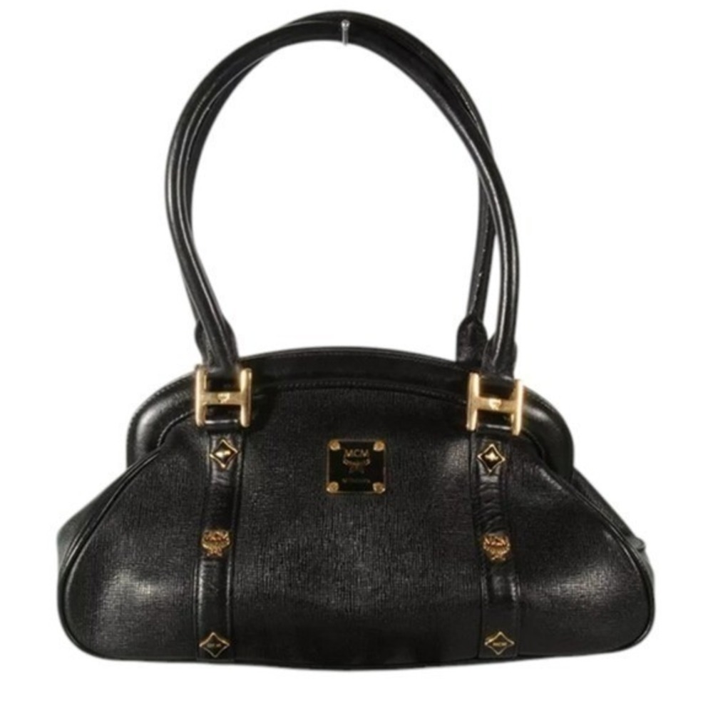 MCM Munchen Black Textured Leather Satchel Gold Hardware Doctor Bag Handbag